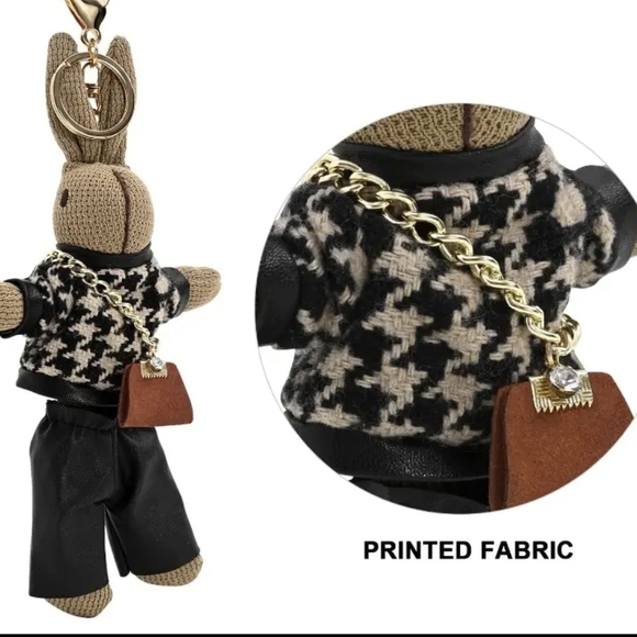 Bunny Keychain Bag Charm Wearing Houndstooth Sweater & Crossbody Purse - Picture 5 of 8